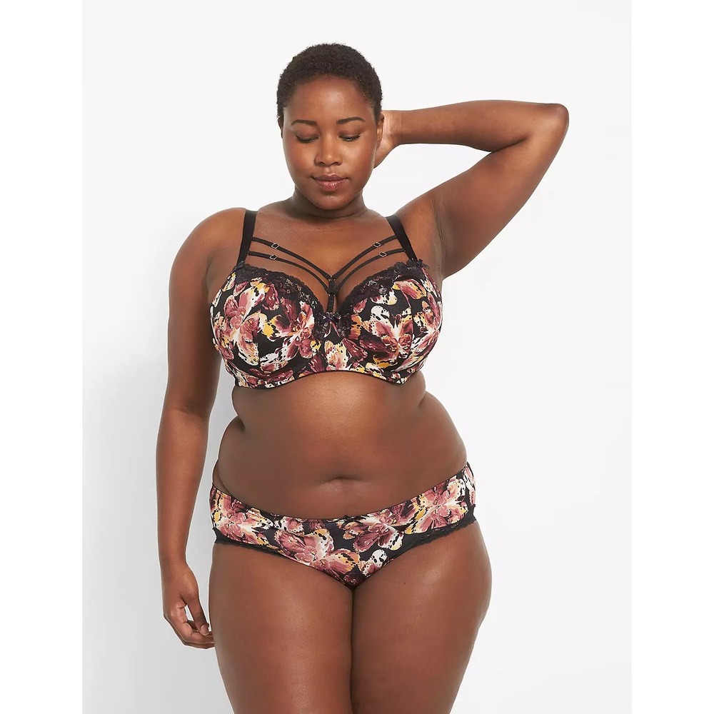 Cacique 42DDD Boost Balconette Bra Black Floral Lace Strappy‎ Cage Detail
